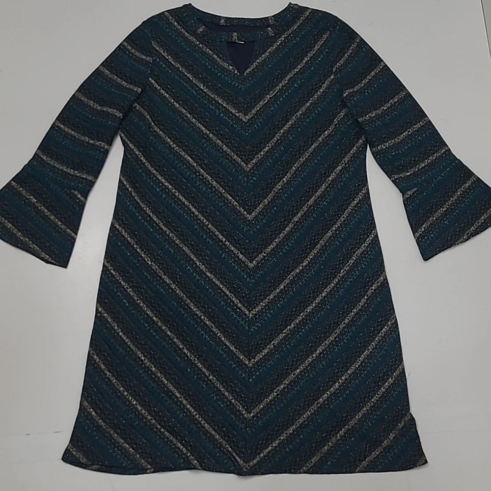 Studio One New York Boho Knit A-Line Dress Long Bell Sleeve Lined Chevron Cutout - Picture 14 of 17
